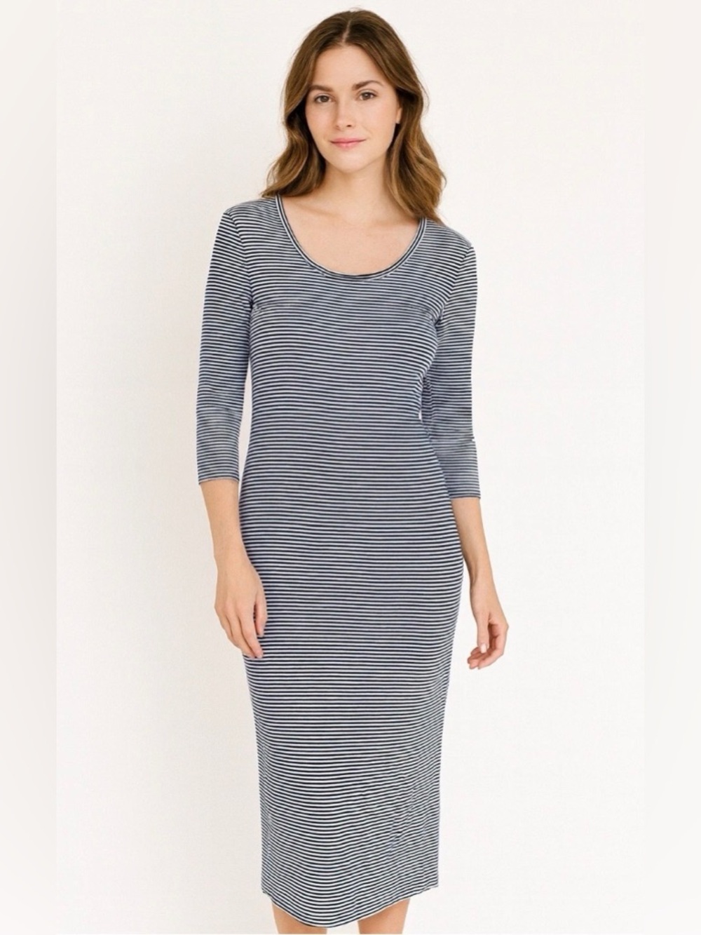 Peruvian Connections Marinero Pima Cotton Striped Nautical Navy White Dress L